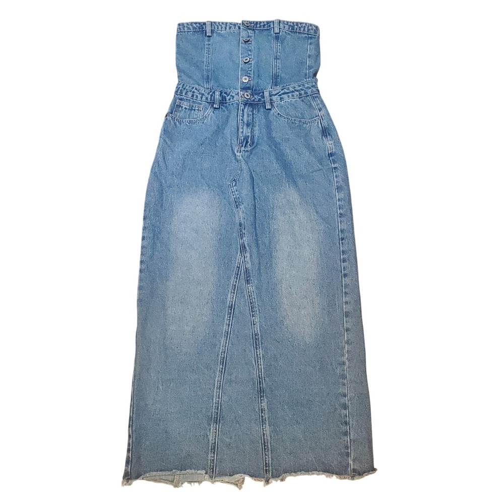 Commense Light Blue Strapless Denim Maxi Dress